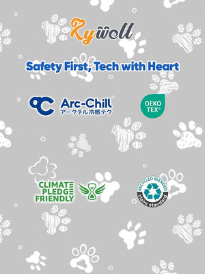 A gray promotional graphic with white paw-print patterns and several logos, including Rywell, Arc-Chill, OEKO-TEX, Climate Pledge Friendly, and Recycled Bonus.