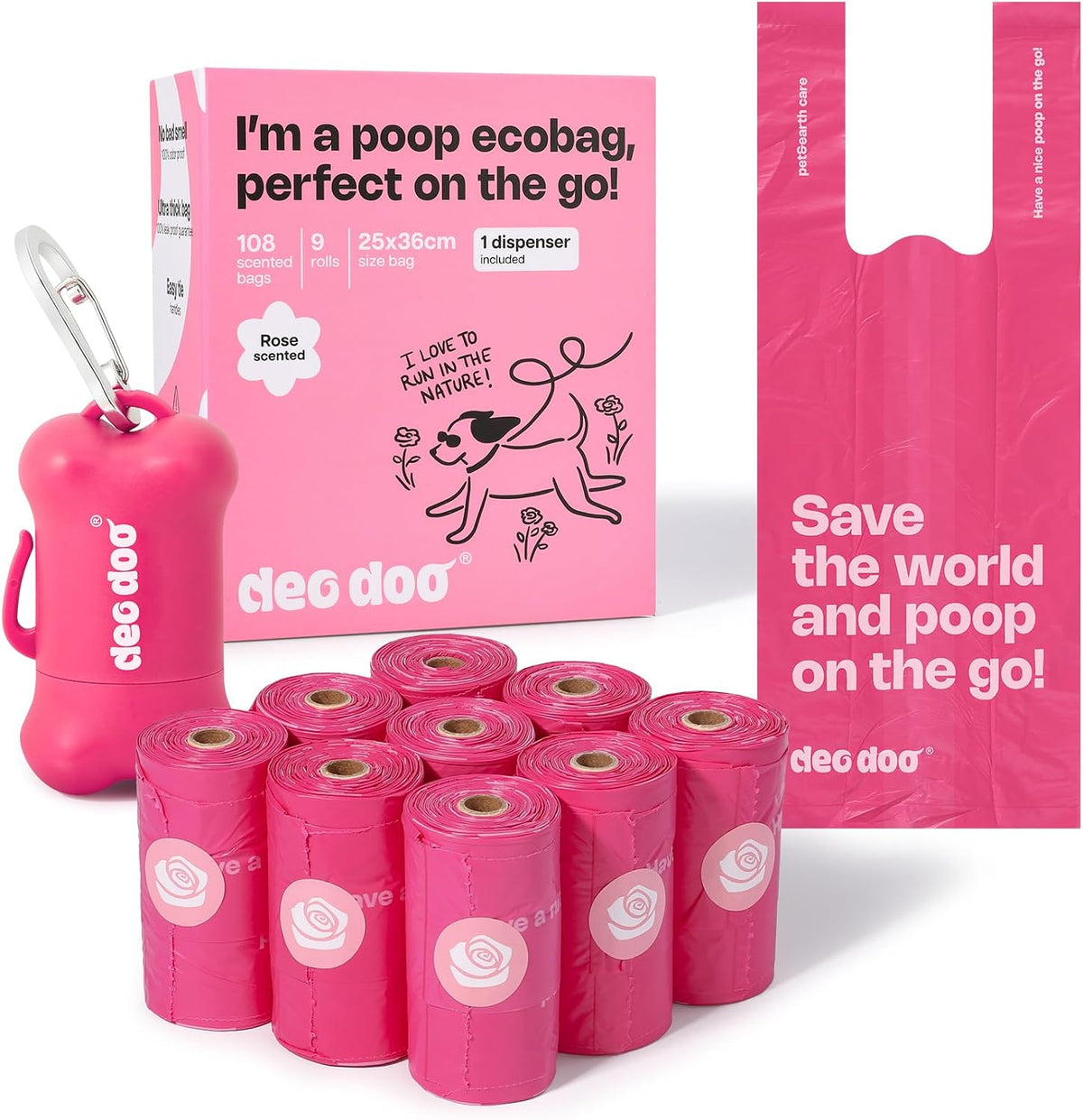 Pink poop ecobags set with a dispenser, packaging box, and a standalone bag on a white background. The brand name 'deo dog' is clearly visible on multiple items at Pet Servo