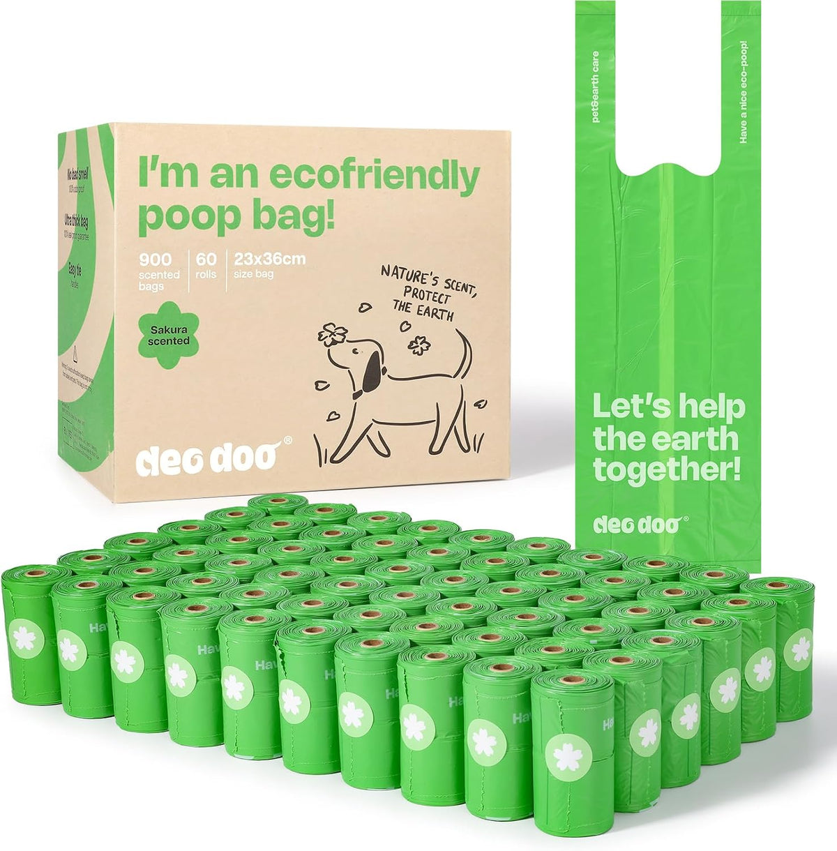 Deo Dog eco-friendly poop bag packaging with green bags and cardboard box on a white background at Pet Servo