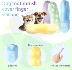Dog toothbrush cover with finger silicone, featuring a dog and cat, and close-up details on a green background at Pet Servo