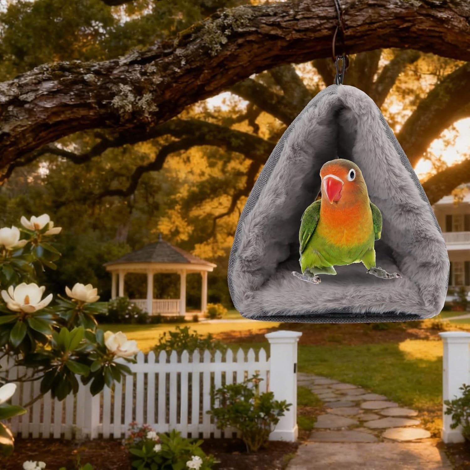 Bird perched in a gray hanging bird house with a garden background at Pet Servo