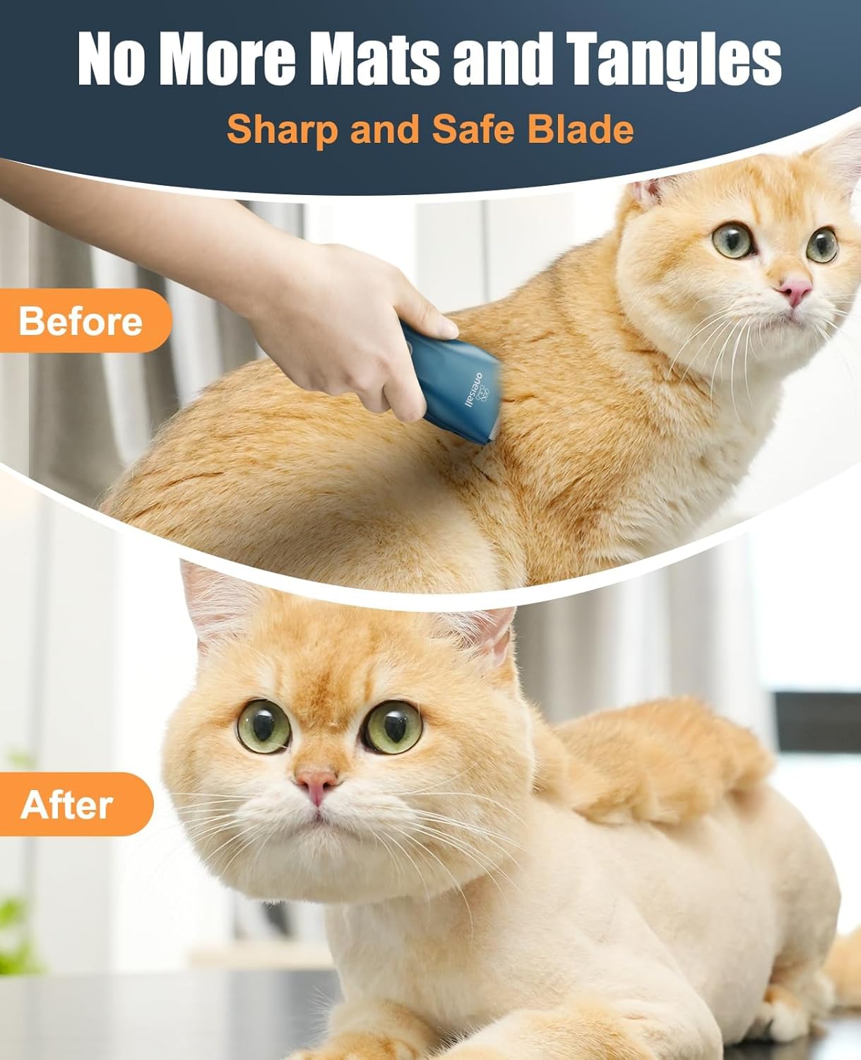 Cat being groomed with a brush, showing before and after effects, with text 'No More Mats and Tangles' and 'Sharp and Safe Blade' at Pet Servo