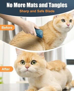 Cat being groomed with a brush, showing before and after effects, with text 'No More Mats and Tangles' and 'Sharp and Safe Blade' at Pet Servo