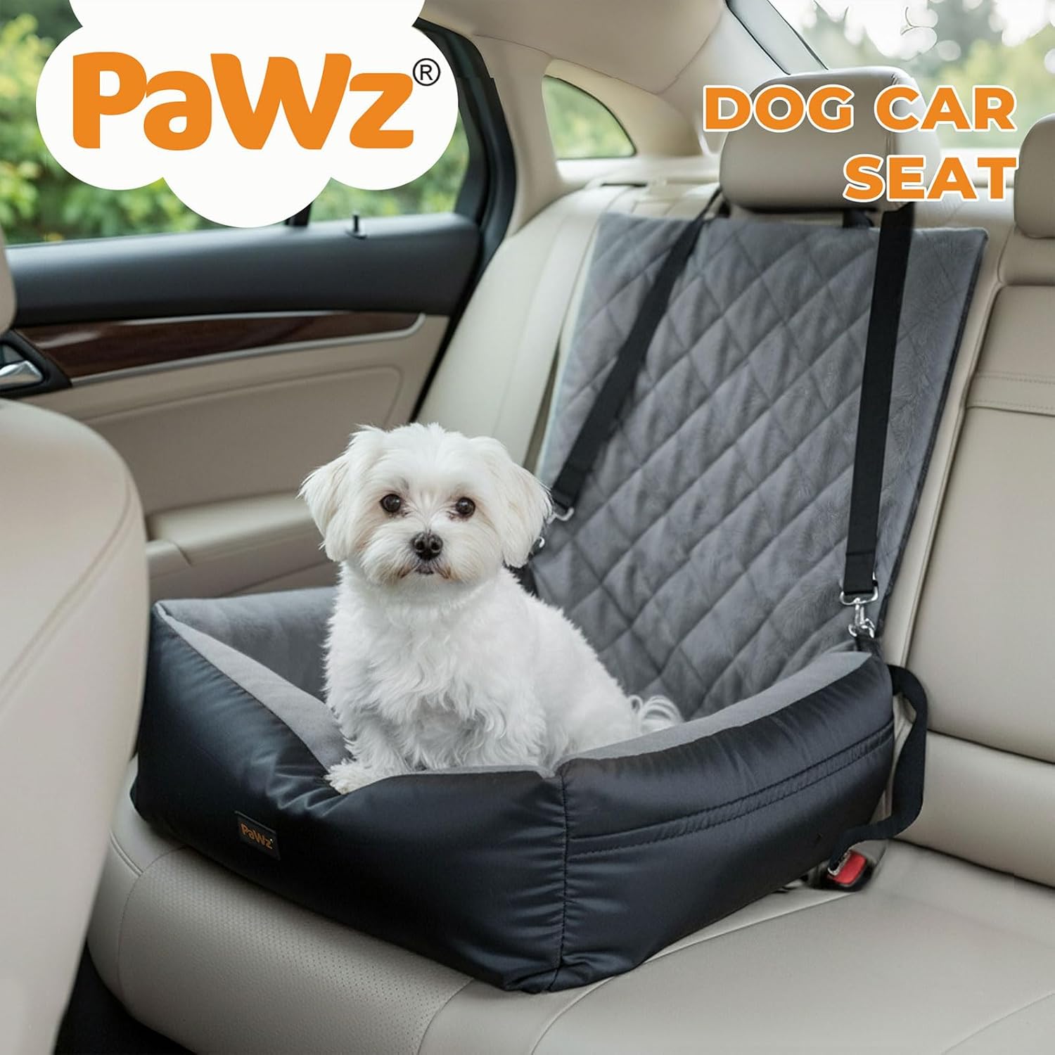 Dog sitting on a black and gray dog car seat in a car with 'PaWz' branding at Pet Servo