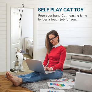 Woman using a laptop with a cat on the floor in a home setting, promoting a self-play cat toy at Pet Servo