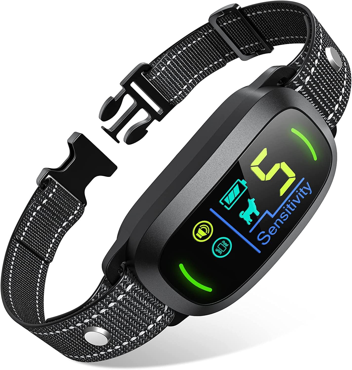 Black electronic dog collar with digital display on a white background at Pet Servo