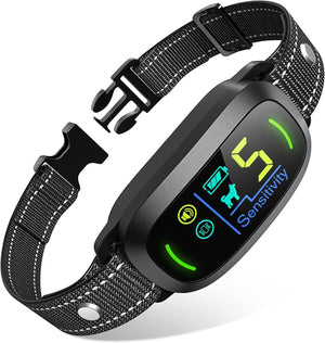 Black electronic dog collar with digital display on a white background at Pet Servo