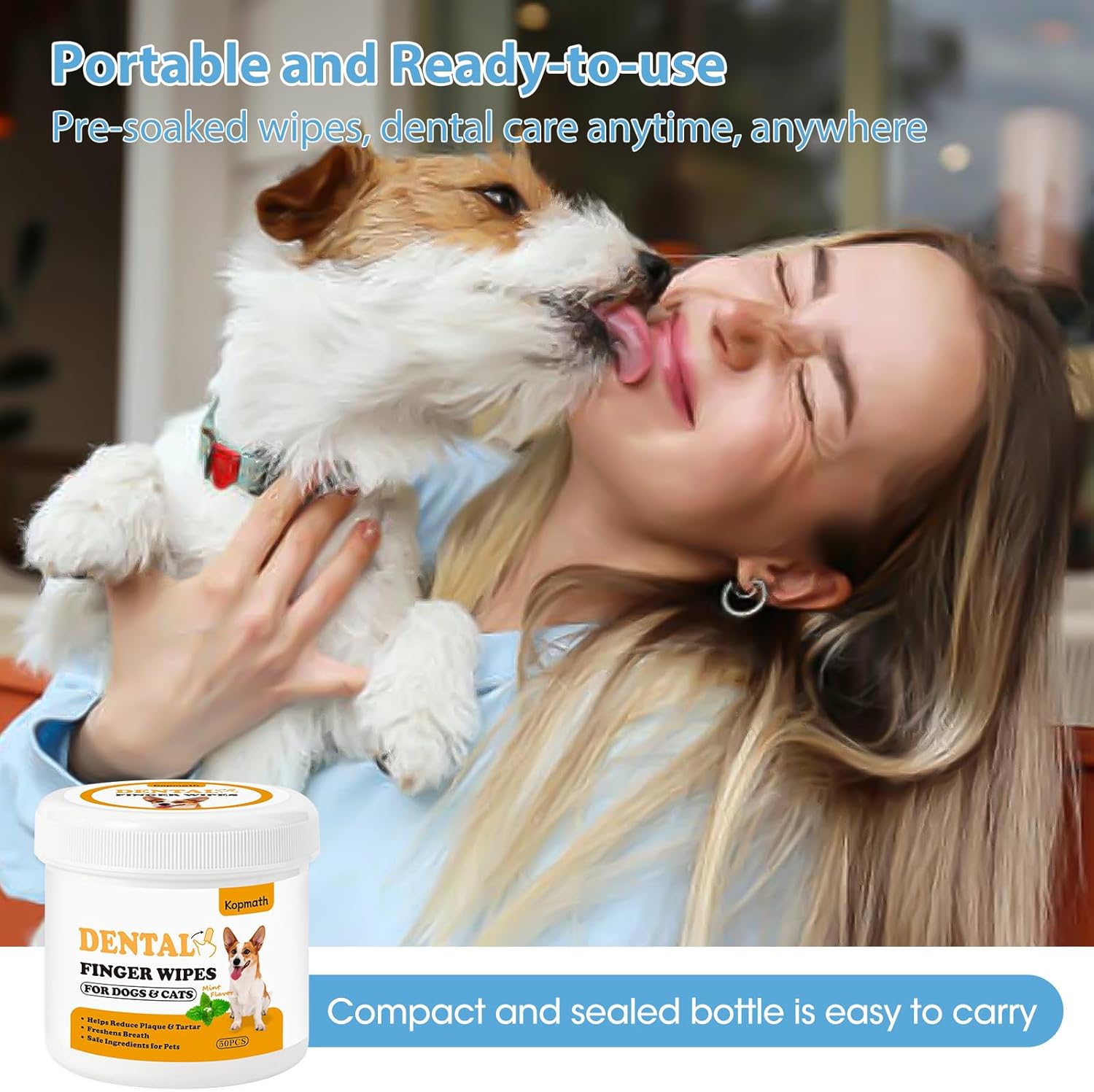 Woman holding a dog and a container of dental finger wipes with text about the product's features at Pet Servo