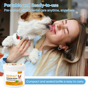 Woman holding a dog and a container of dental finger wipes with text about the product's features at Pet Servo