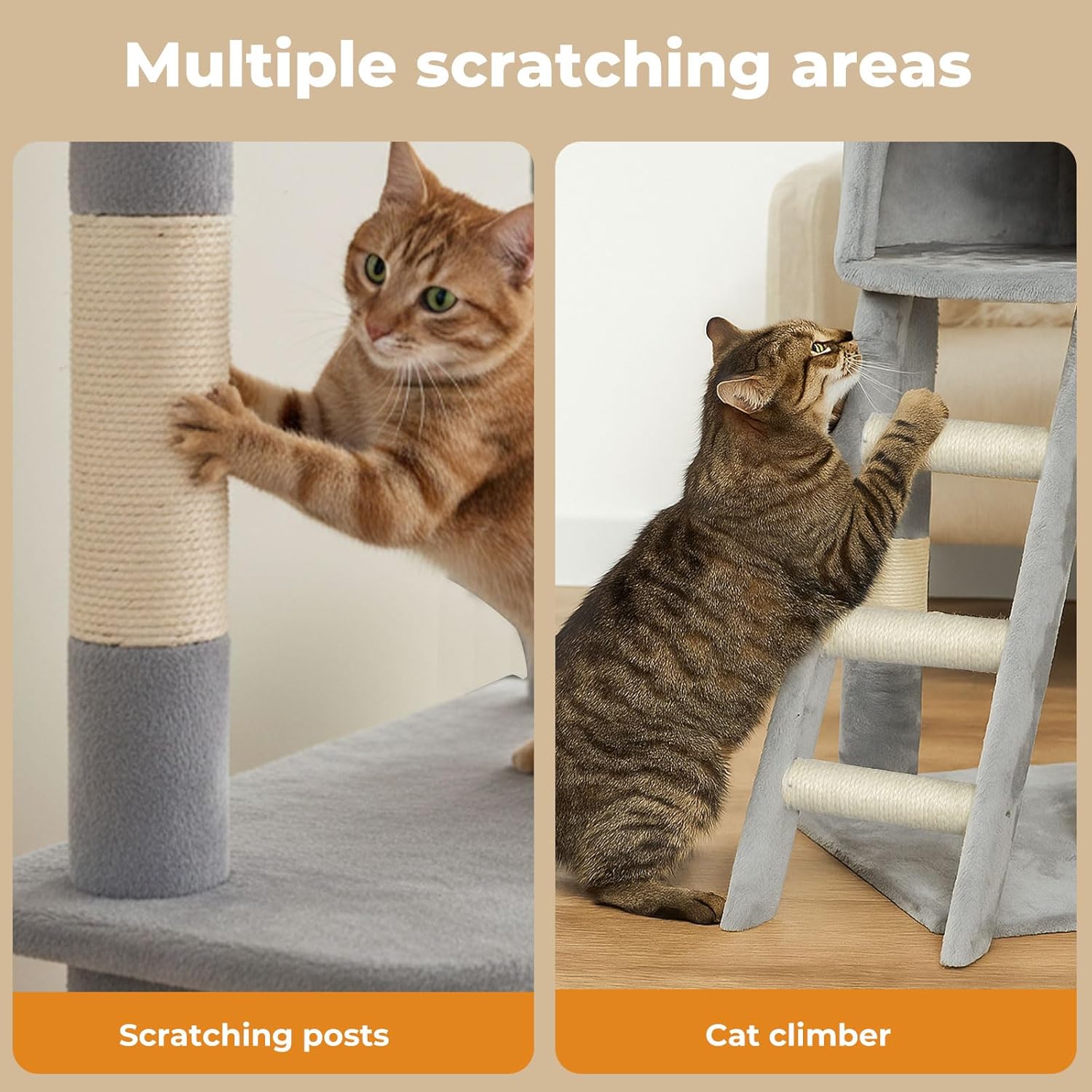 A split-panel promotional image showing a cat interacting with a scratching post on the left and a cat climber on the right. Large text at the top reads 'Multiple scratching areas,' with labels at the bottom identifying 'Scratching posts' and 'Cat climber at Pet Servo