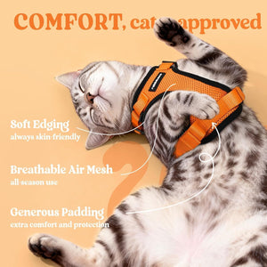 Cat wearing an orange harness with text highlighting features on a beige background at Pet Servo