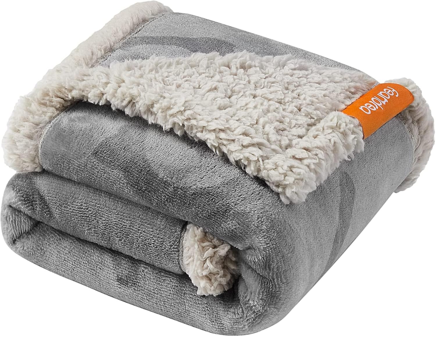 Folded gray and beige blanket with a visible brand tag on a white background at Pet Servo
