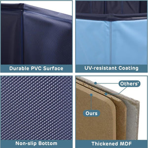 Product features including durable PVC surface, UV-resistant coating, non-slip bottom, and thickened MDF at Pet Servo