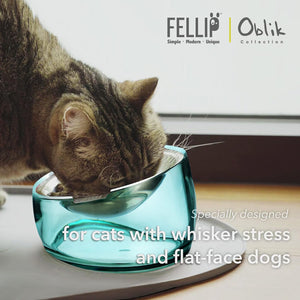 Cat drinking from a blue bowl with Felli and Oblik branding at Pet Servo