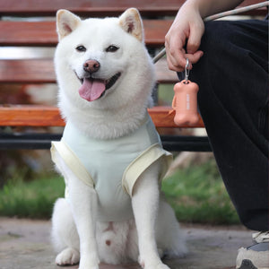 White dog sitting on a bench with a person holding a pink product at Pet Servo