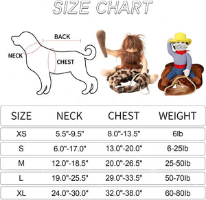 Size chart graphic with a dog outline showing neck, back, and chest measurements, plus three plush dog toy examples and a size table listing XS through XL with neck, chest, and weight ranges.