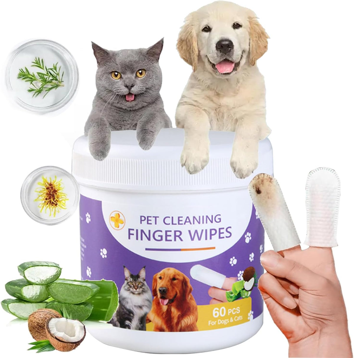 A jar of pet cleaning finger wipes with a cat and dog sitting on top, a hand holding a used white wipe, ingredient insets, and a white background at Pet Servo