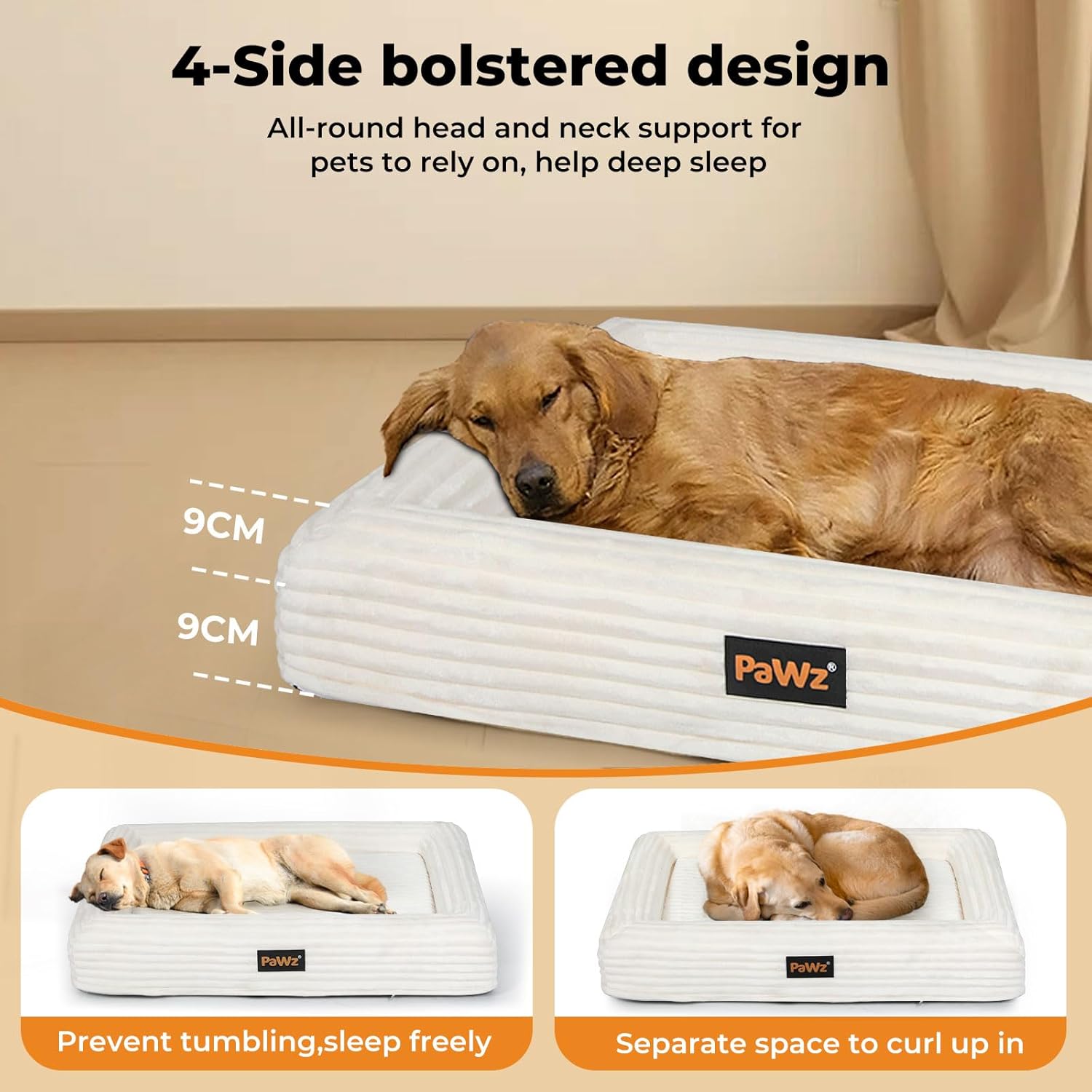 Dog lying on a 4-side bolstered pet bed with text highlighting features at Pet Servo