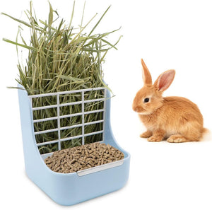 Pet hay feeder with green hay and brown pellets next to a rabbit on a white background at Pet Servo