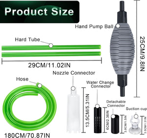 Product size chart with hand pump ball, hard tube, hose, nozzle connector, water change connector, detachable connector, and suction cup labeled and measured at Pet Servo