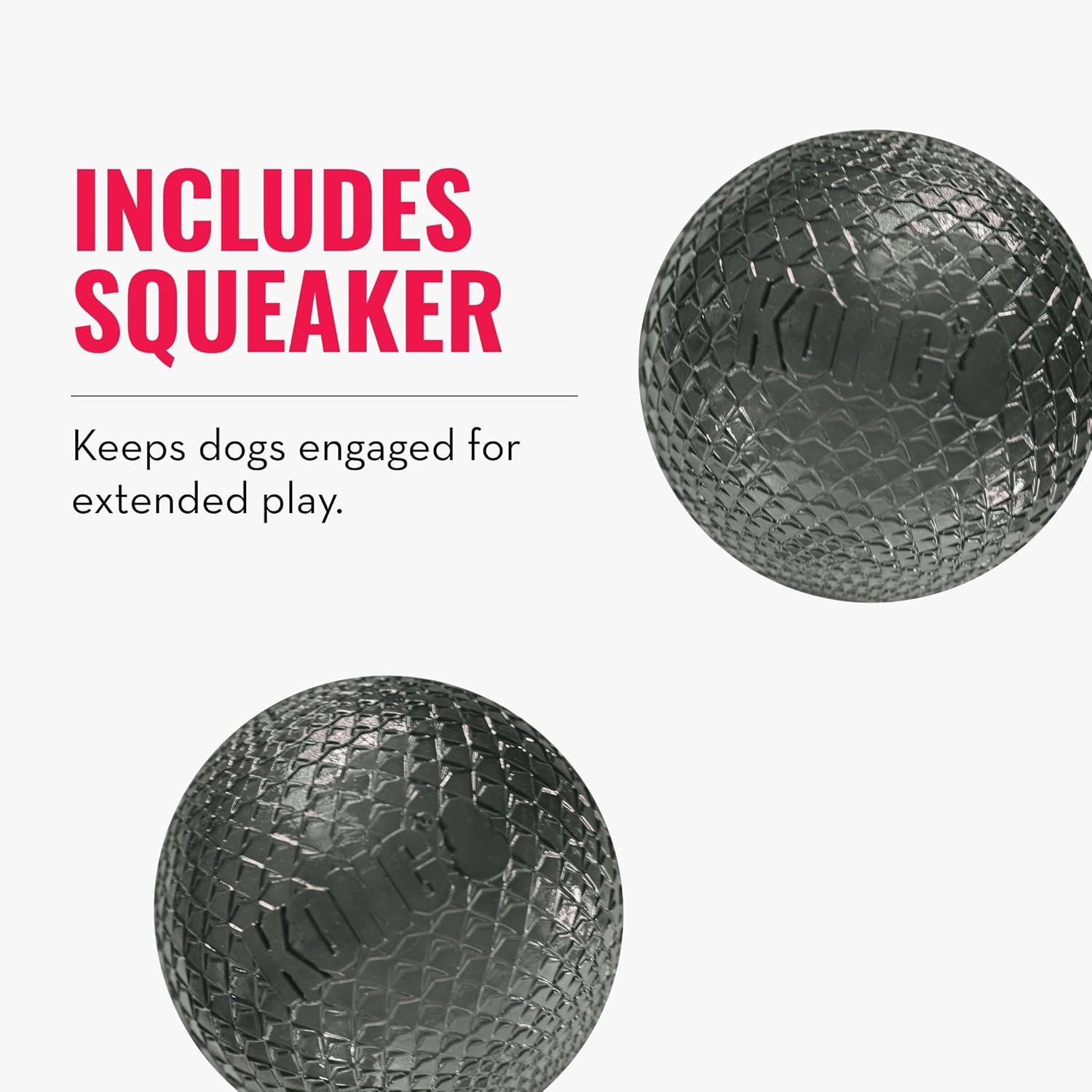 Two textured gray dog balls with a squeeaker feature on a white background at Pet Servo