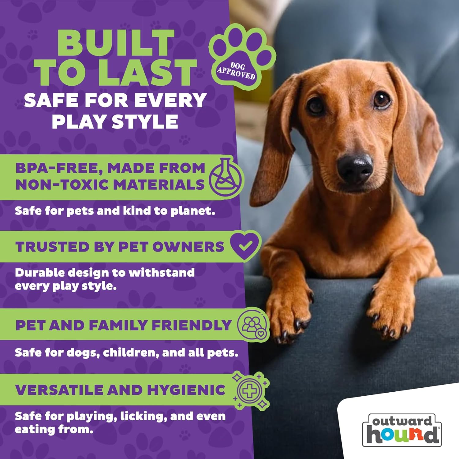 Dog sitting on a couch with product features listed on a purple background, Outward Hound brand visible at Pet Servo