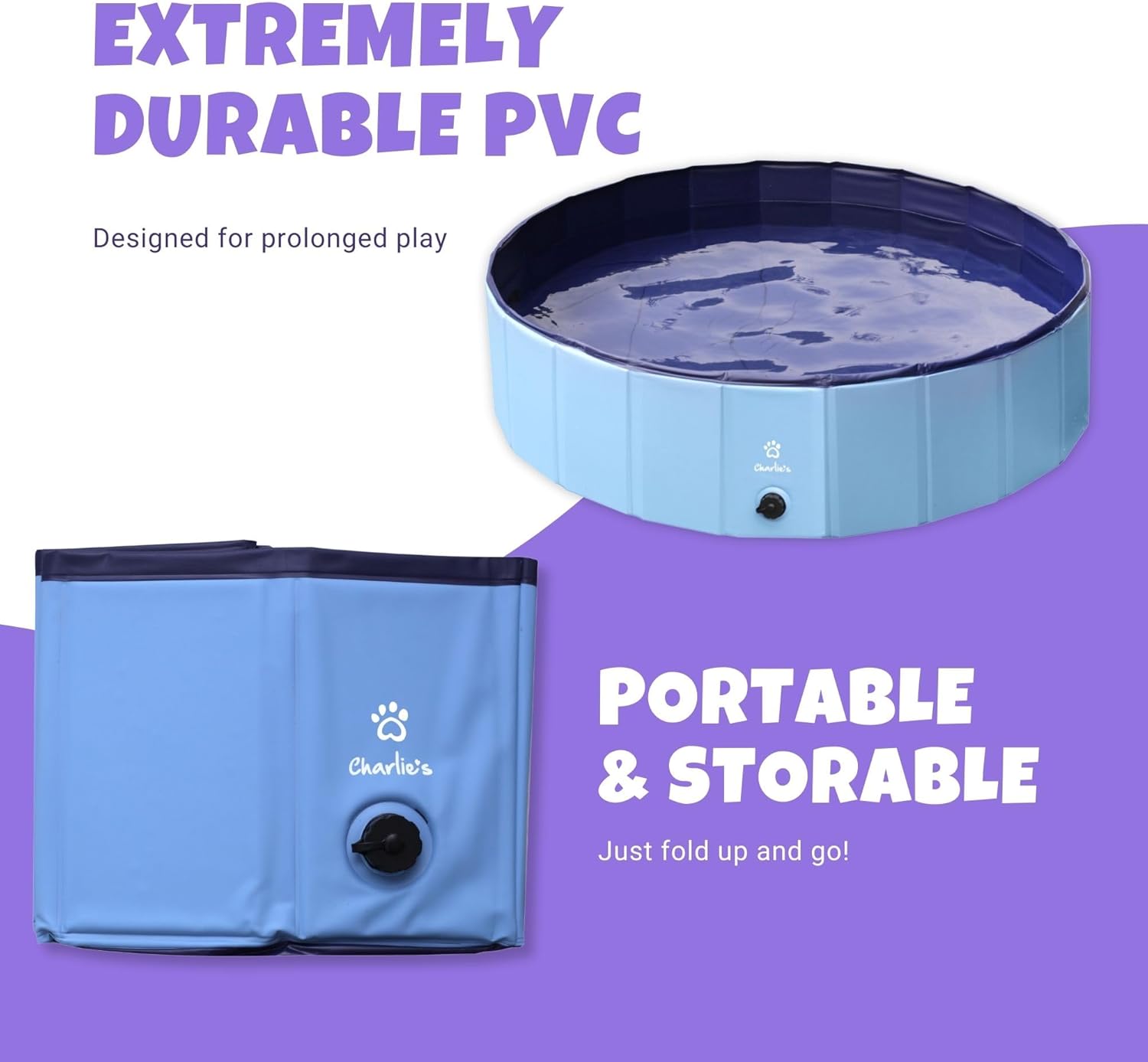 Blue inflatable pet pool with text highlighting durability and portability on a purple background at Pet Servo