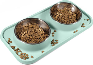 Pet food tray with two metal bowls filled with kibble on a white background at Pet Servo