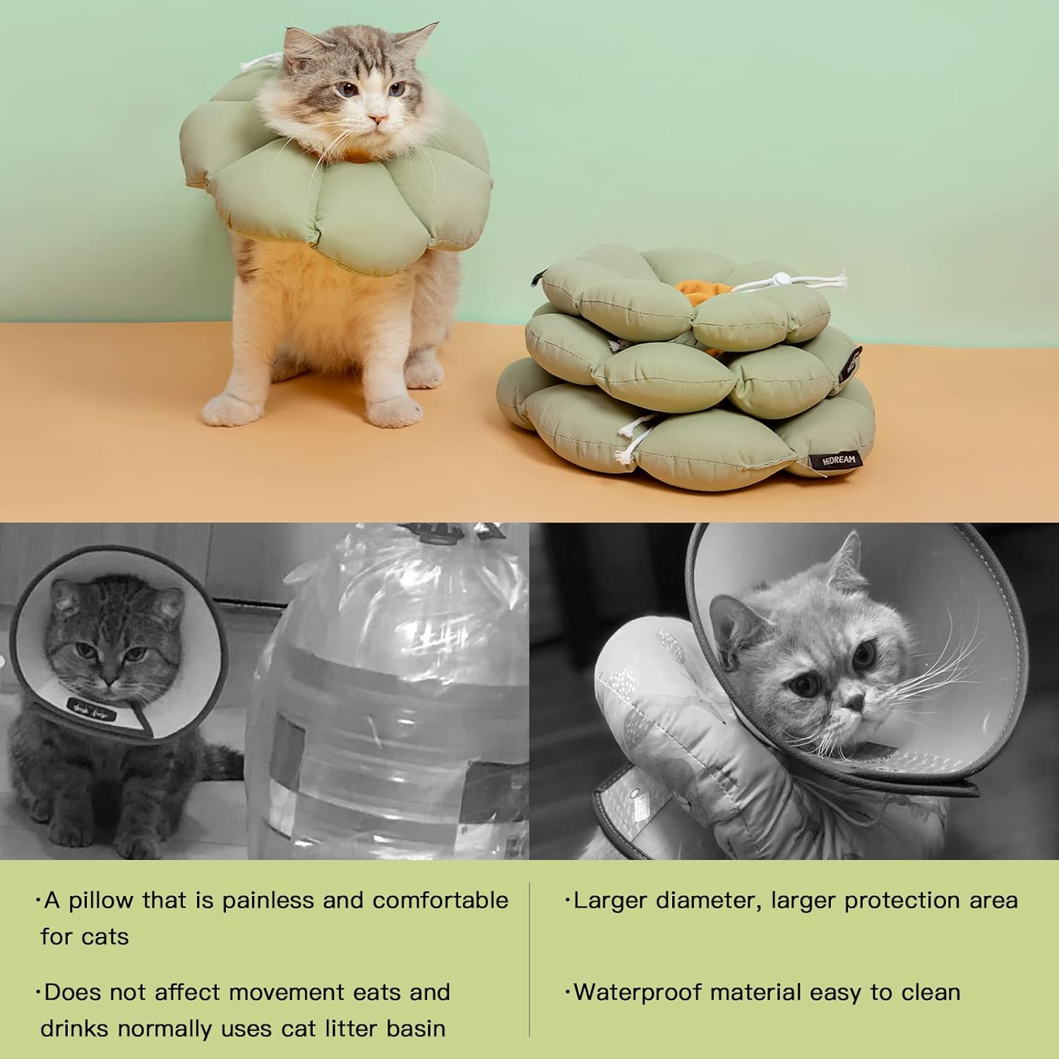 Cat wearing a green inflatable cone-shaped pillow on a table with text describing its features at Pet Servo