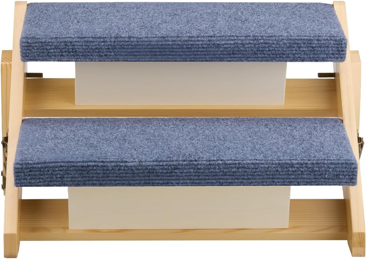 Two-step pet阶梯 with blue cushioned steps on a white background at Pet Servo
