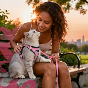 Woman sitting on a bench with a cat wearing a pink harness, city skyline in the background at Pet Servo