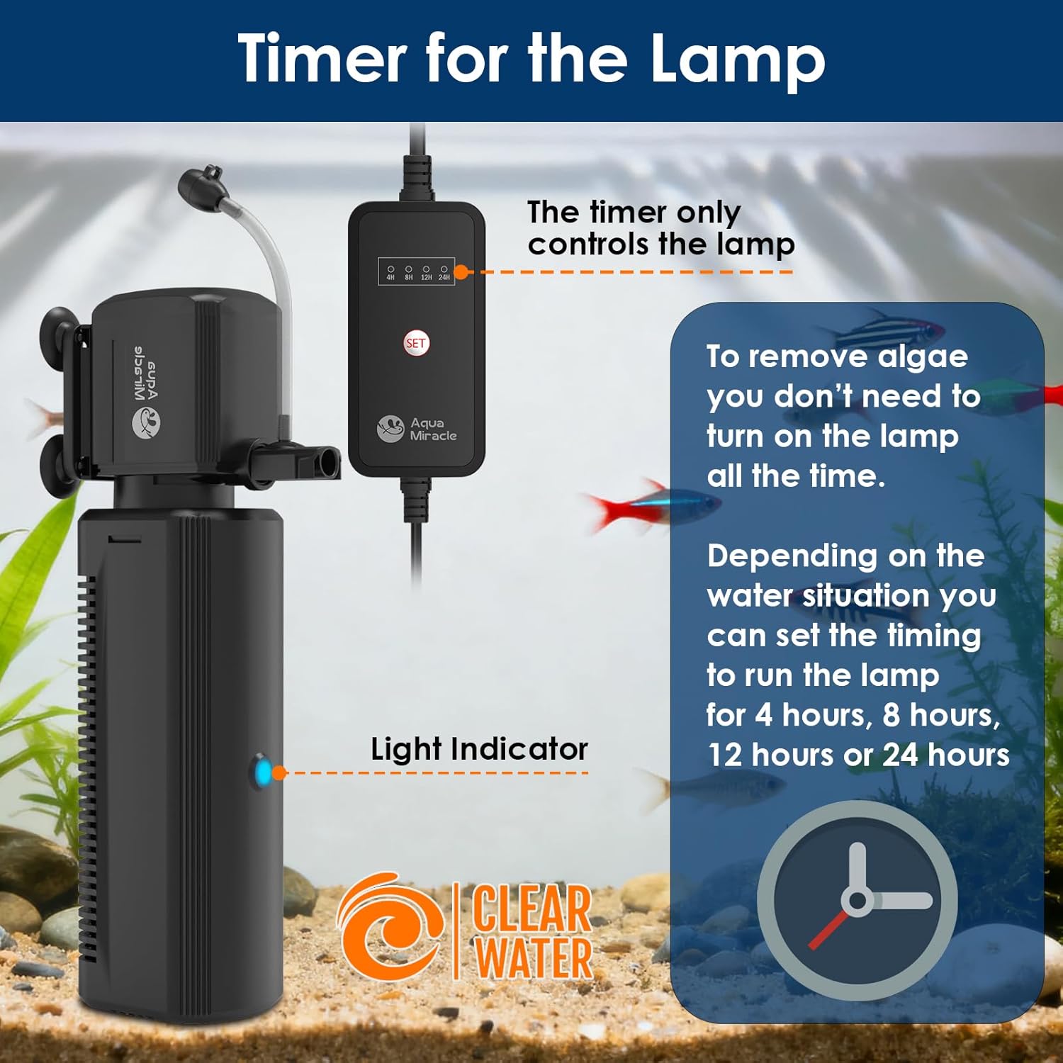 Aquarium lamp timer with clear water branding on a background of an aquarium at Pet Servo