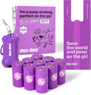 A dog poop bag set displayed on a white background, including a purple dispenser, a purple bag, a purple box, and multiple purple rolled bags at Pet Servo