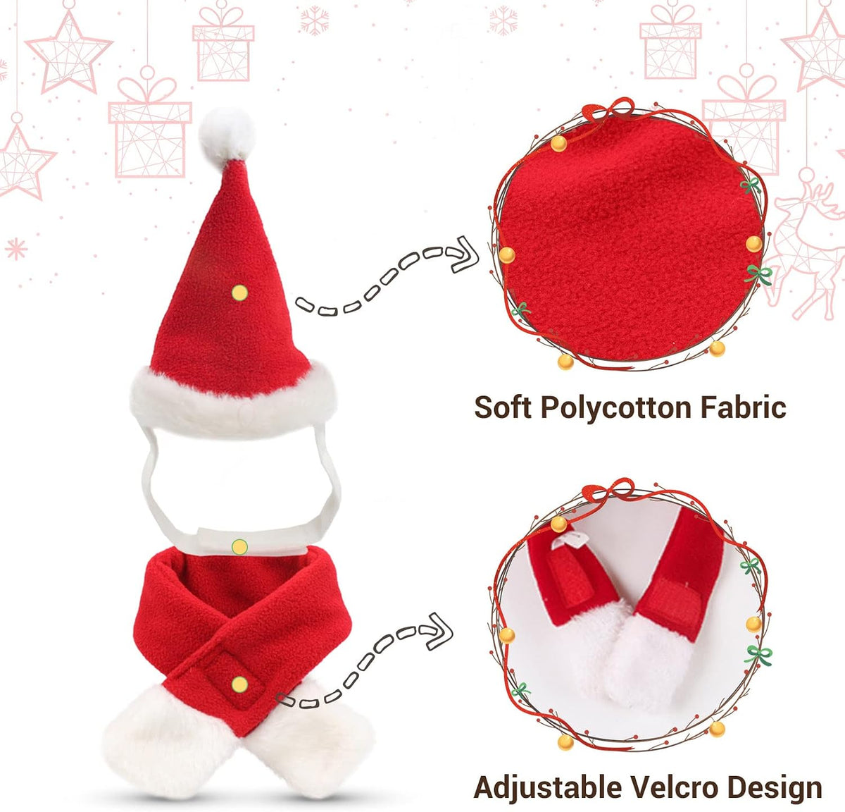 Red and white Santa hat with soft polycotton fabric and adjustable Velcro design on a white background at Pet Servo