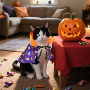 A black-and-white cat wearing a purple Halloween cape with white ghost patterns and an orange collar sits on a carpeted floor in a living room. A carved jack-o'-lantern sits on a red-covered table beside it, with candy scattered around at Pet Servo