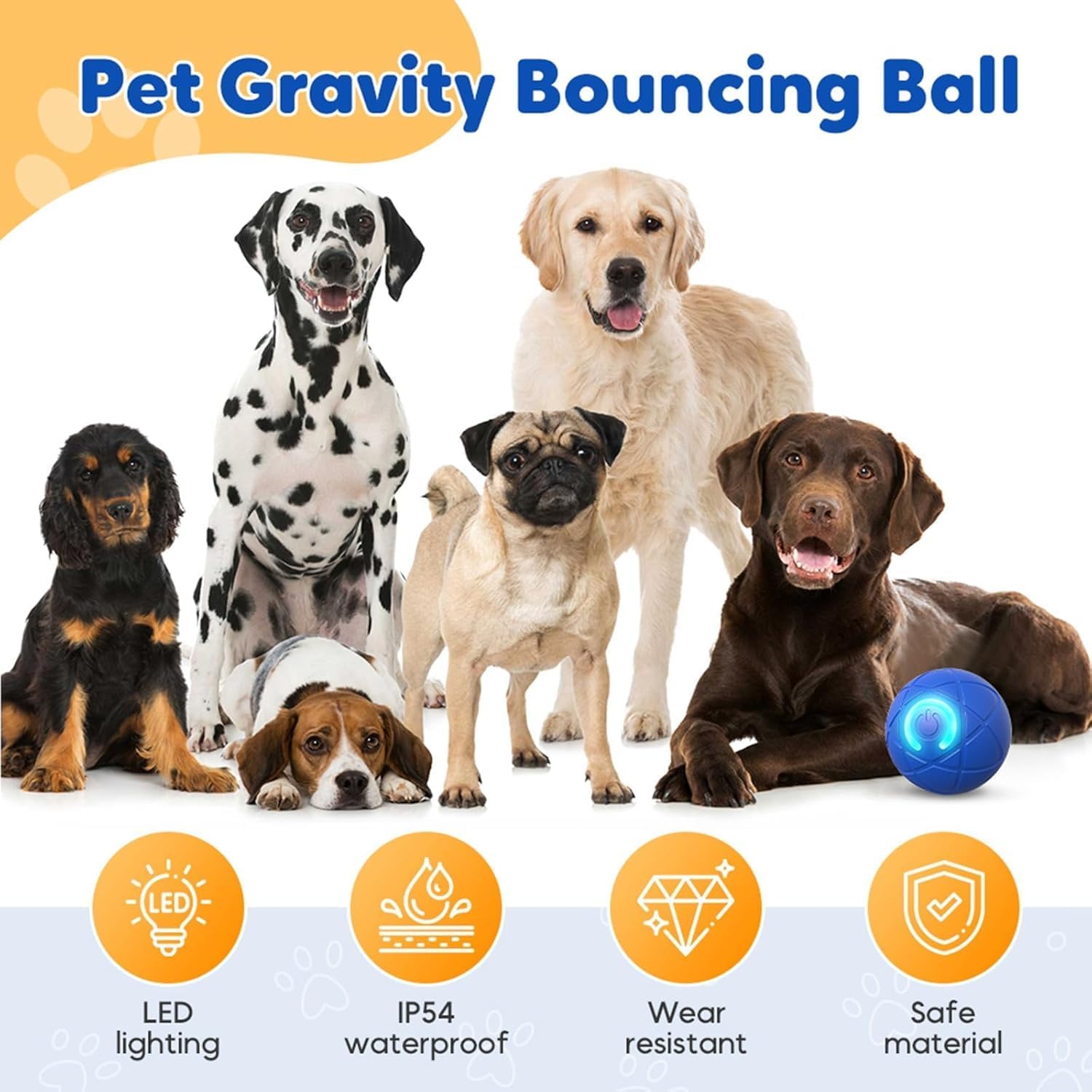 Group of dogs with a pet gravity bouncing ball on a white background at Pet Servo