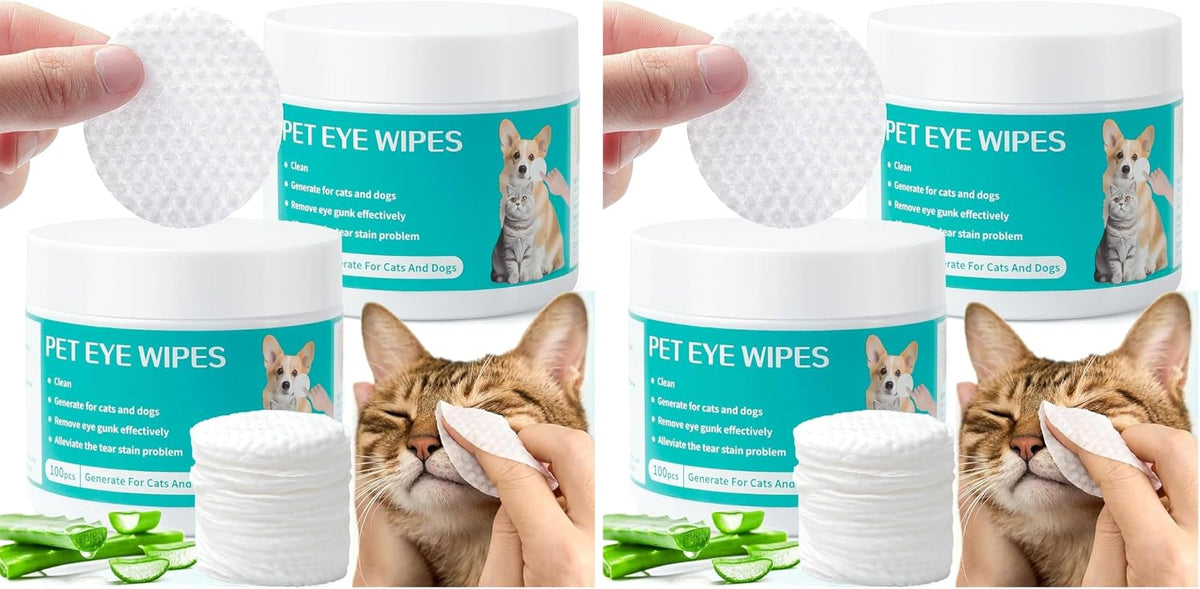 Two side-by-side panels showing pet eye wipes. A hand holds a round white wipe above a white jar labeled 'PET EYE WIPES' with a turquoise label featuring a cat photo at Pet Servo