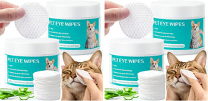 Two side-by-side panels showing pet eye wipes. A hand holds a round white wipe above a white jar labeled 'PET EYE WIPES' with a turquoise label featuring a cat photo at Pet Servo