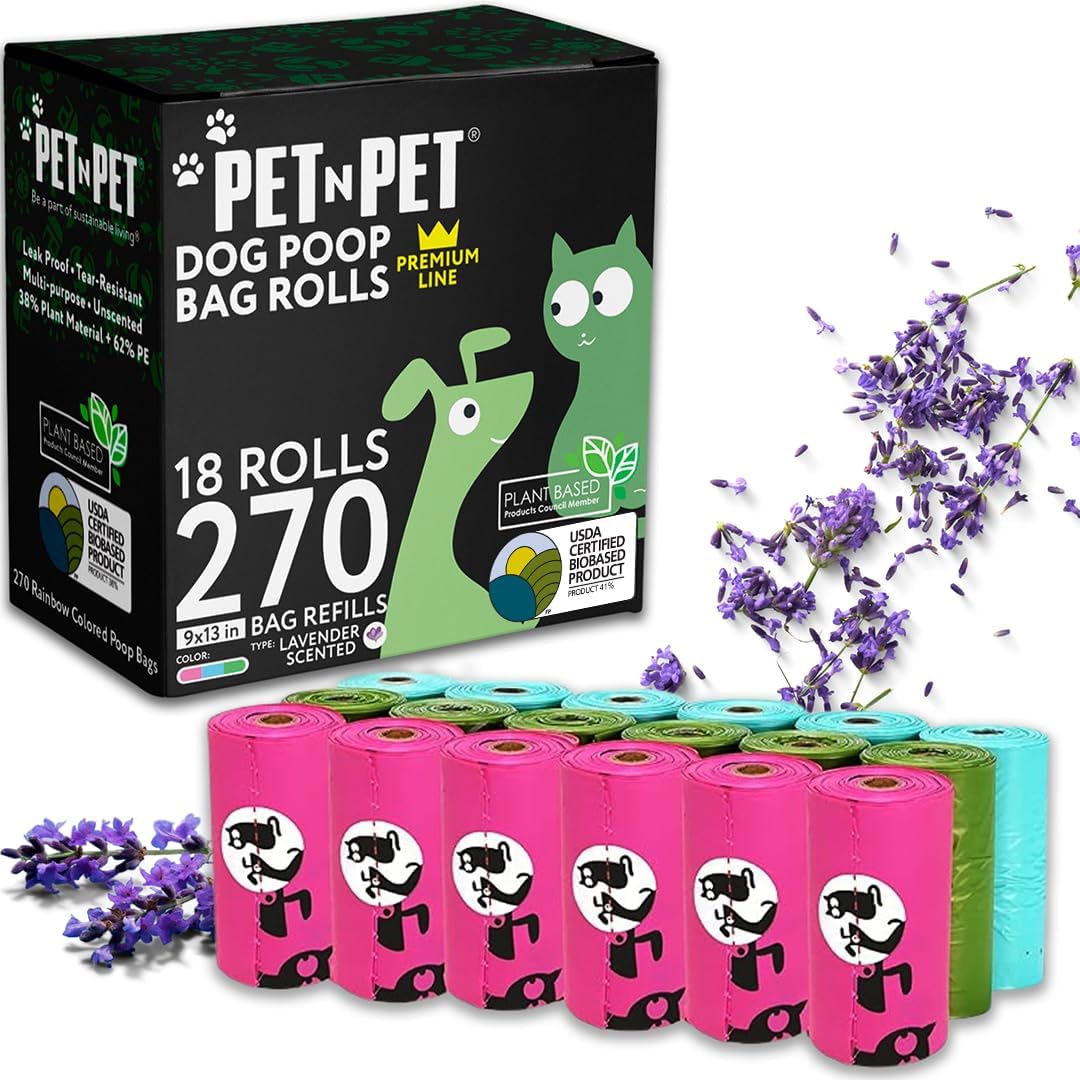 PET N PET - Dog Poop Bags – 270 Count, Plant-Based, Extra Thick, Scented, 18 Rolls, 9x13 Inch