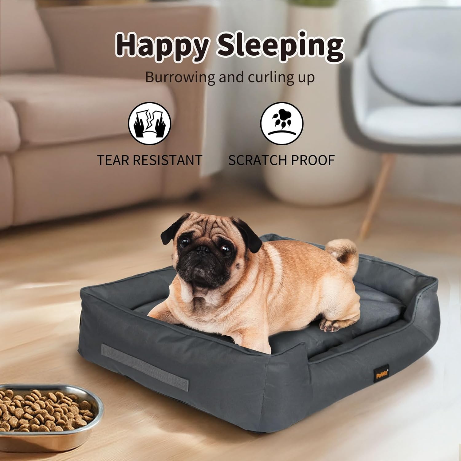 Dog lying on a gray pet bed with text highlighting features like 'Happy Sleeping', 'Tear Resistant', and 'Scratch Proof' at Pet Servo