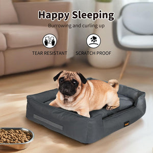 Dog lying on a gray pet bed with text highlighting features like 'Happy Sleeping', 'Tear Resistant', and 'Scratch Proof' at Pet Servo