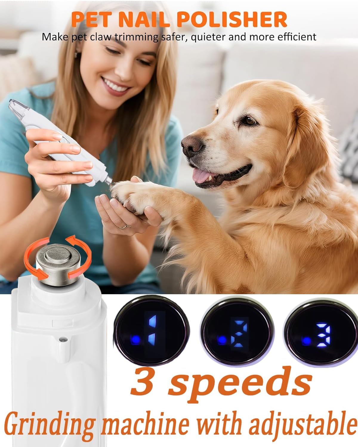 Woman using a pet nail polisher on a dog with product details highlighted at Pet Servo