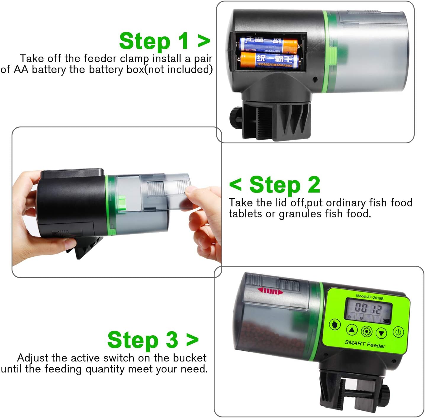 Instructions for using a fish feeder with battery installation and food dispensing steps at Pet Servo