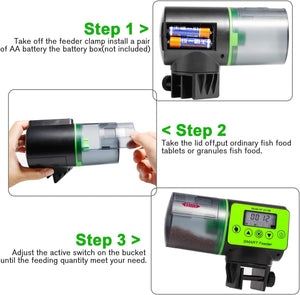 Instructions for using a fish feeder with battery installation and food dispensing steps at Pet Servo