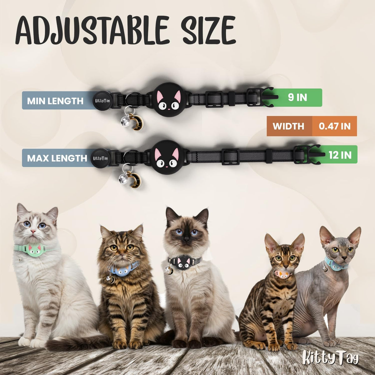 Adjustable cat collar shown with size information and five cats wearing the collar. The image includes text reading 'ADJUSTABLE SIZE' and measurements for min length, max length, and width at Pet Servo