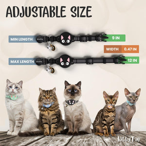Adjustable cat collar shown with size information and five cats wearing the collar. The image includes text reading 'ADJUSTABLE SIZE' and measurements for min length, max length, and width at Pet Servo