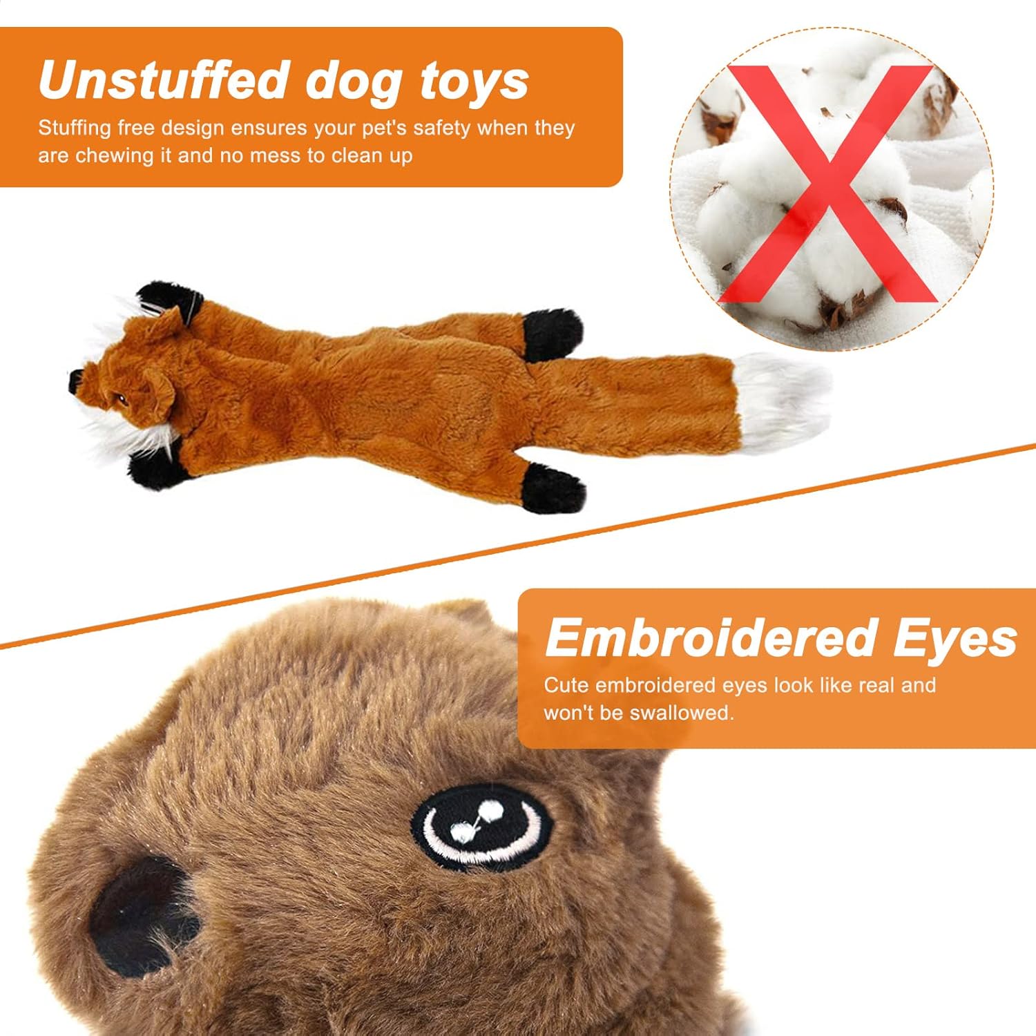 Unstuffed dog toy with embroidered eyes on a white background at Pet Servo