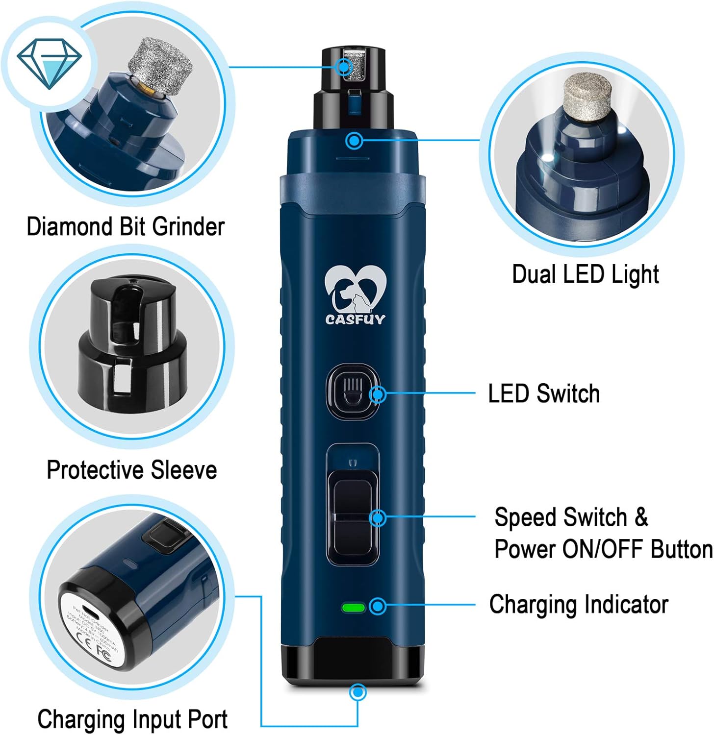 Blue diamond bit grinder with labeled features on a white background at Pet Servo