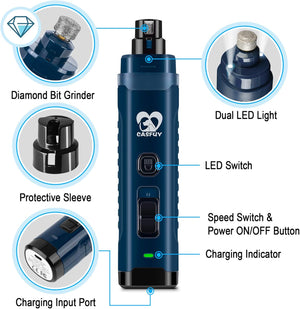 Blue diamond bit grinder with labeled features on a white background at Pet Servo