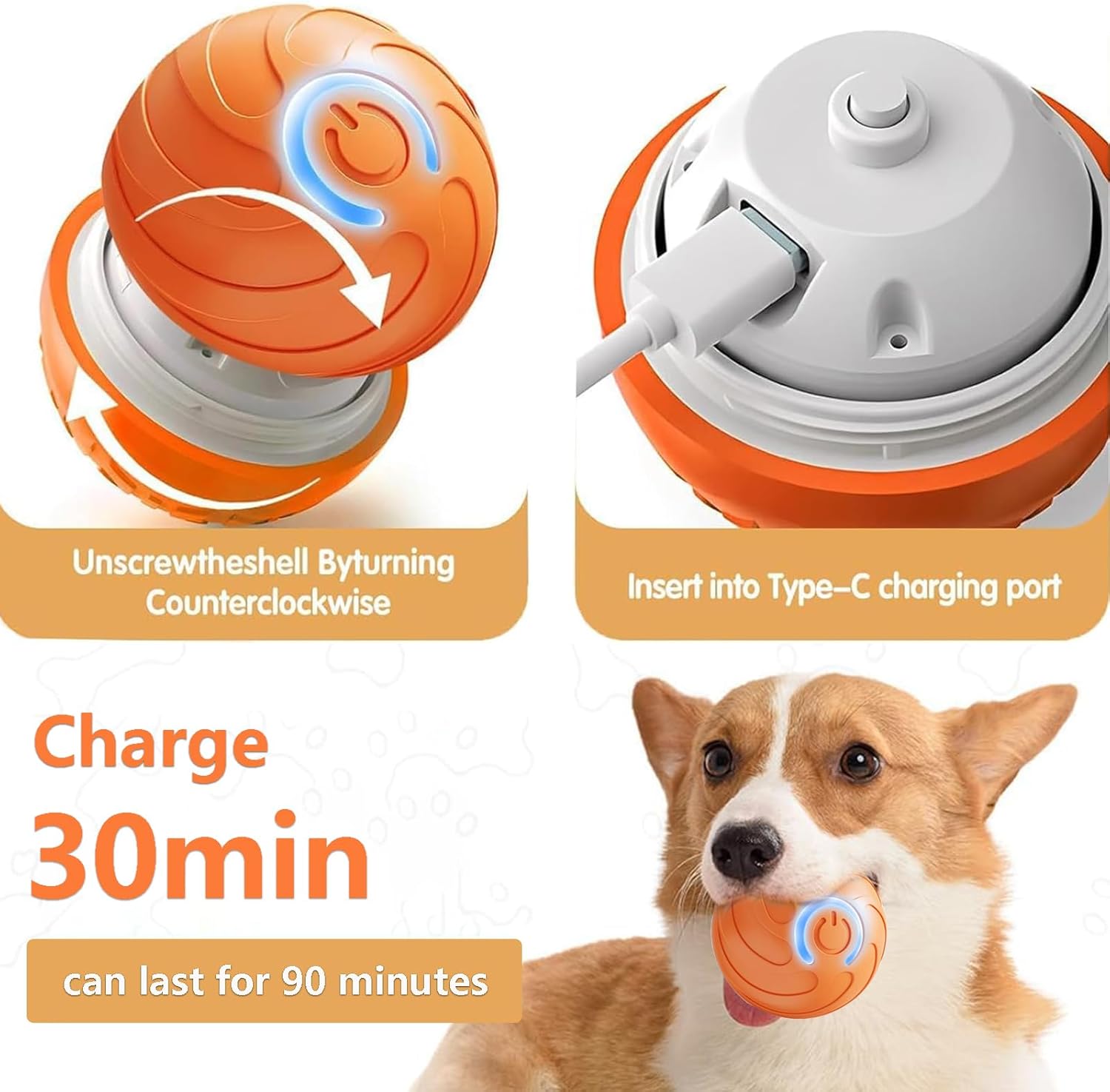 Dog toy with charging instructions and a dog holding the toy at Pet Servo